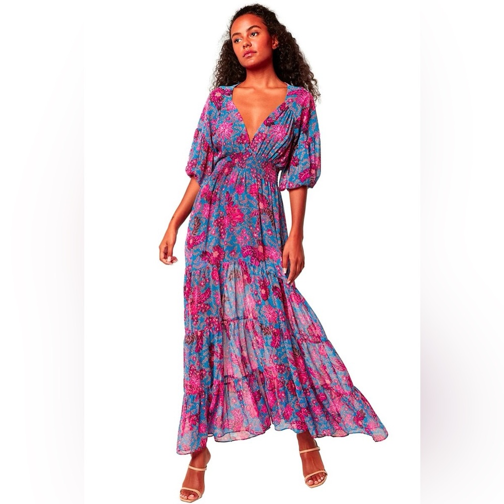 MISA Los Angeles V-Neck Maxi Dress in Blue and Pink